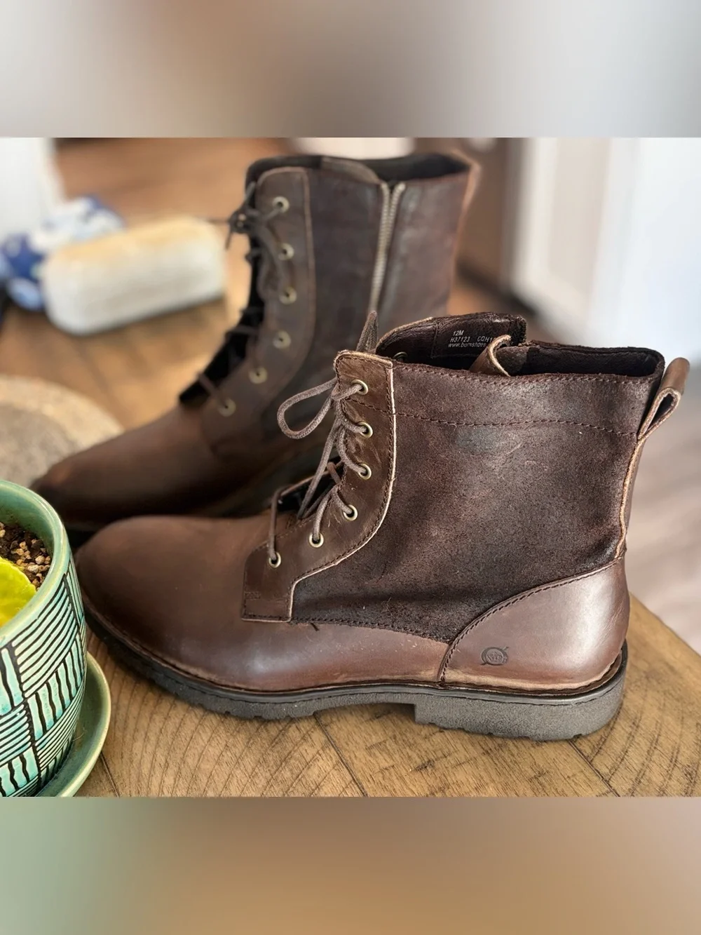 Born Men's Dark Brown genuine Leather Lace-Up Boots with Side Zipper